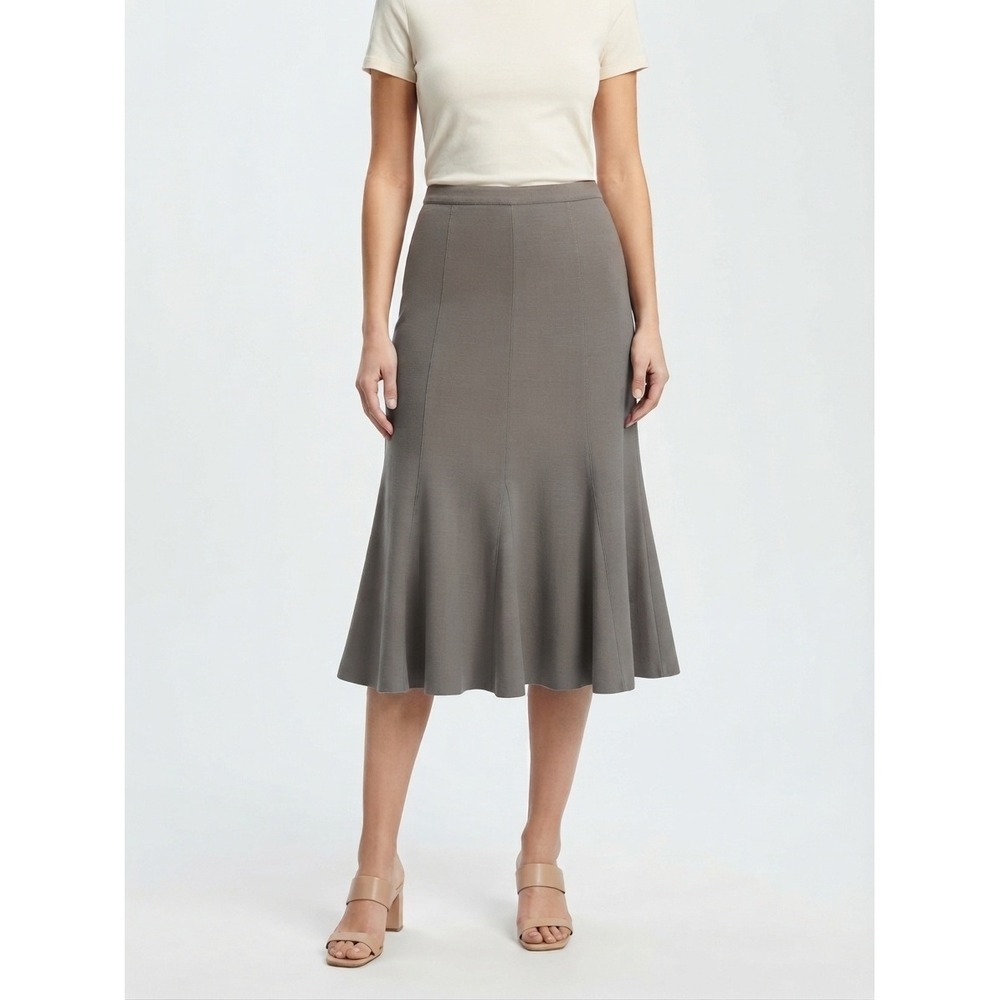 Eileen Fisher Viscose Wool Knit Flared Midi Skirt Taupe Grey Large